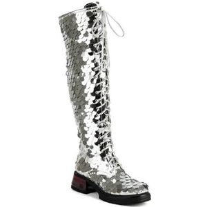 Vrouwen Glitter Sprankelende Lage Hak Dij Hoge Combat Laarzen Pailletten Platte Knie Hoge Laarzen,Zilver,34 EU