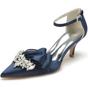 Dames Aangerichte Teen Kitten Hakken Satijnen Bruids Pumps Enkelsluiting Bruiloft Prom Party Jurk Schoenen,Marine,36 EU