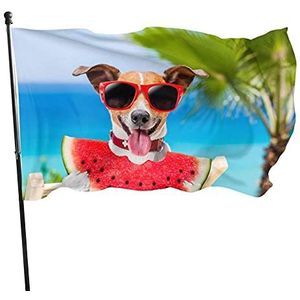 Tuinvlag 90 x 150 cm, hond eten watermeloen wind vlag grappige buiten/binnen vlag kamerdecoratie strandvlaggen, voor college slaapzaal, feesten, carnaval