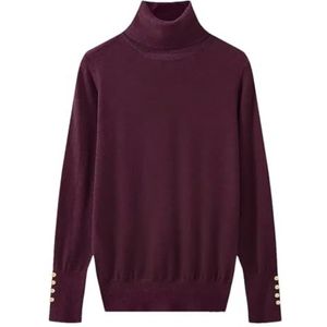 Lmtossey Herfst en winter dames casual veelzijdige manchet metalen knop versierd geribbelde laag coltrui trui, Bordeaux, M