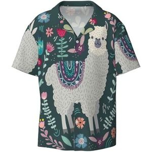 TyEdee Leuke lama bloemenprint heren korte mouw jurk shirts met zak casual button down shirts business shirt, Zwart, XXL