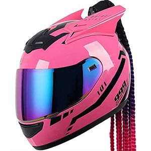 Motorhelm,Cat Ear-Helm,Full Face-Motorhelm,Vierseizoenenmotorhelm Met Zonneklep,Geschikt Voor Jonge Mannen En Vrouwen DOT/ECE-Goedgekeurd(Color:1;Size:M)