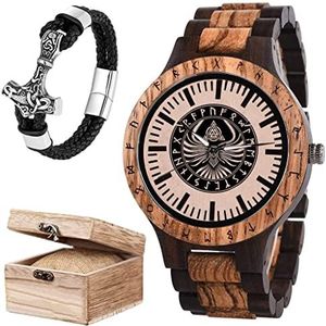 Viking Wolf Fenrir Rune Mannen houten horloge, Noorse mythologie Keltische Raaf doe-het-zelf Handgemaakt Gegraveerd Ambachten Met Vintage ketting En Cadeaudoosjes (Color : D)