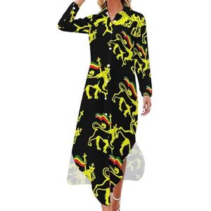 Rasta-Lion Of Judah Retro Maxi-jurk voor dames, lange mouwen, knoopsluiting, casual, feest, lange jurk, XL