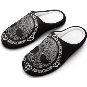 Nordic Viking Home Warme Pantoffels voor Heren, Gesloten Vinger Ademende Platte Schoenen voor Binnen Slaapkamer, Winter Traagschuim Katoenen Pantoffels(Tree of Life,13-14(46-47))