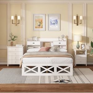 Complete slaapkamerset, modern design houten bed + nachtkastje + commode, tweepersoonsbed met opbergfunctie, nachtkastje met 2 laden en een vak, X-patroon, spaanplaat, MDF, wit