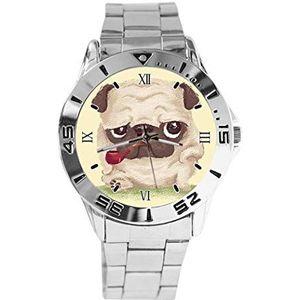 Cartoon Design Pug Hond Roken Ontwerp Analoog Polshorloge Quartz Zilveren Wijzerplaat Klassieke Roestvrij Stalen Band Dames Heren Horloge