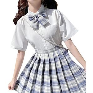 enheng Vrouwen meisjes JK geruite geplooide rok shirt en Bowtie, college stijl hoge taille een lijn gecontroleerd mini rok school uniform set