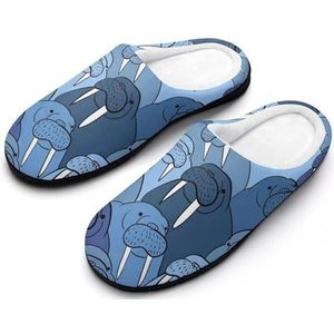 Blauwe Walrus Katoenen Slippers Voor Vrouwen Warme Anti-Slip Rubber Zool Huis Schoenen Voor Indoor Hotel 11-12 (42-43)