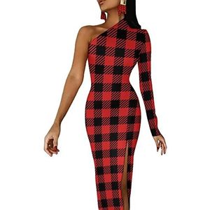 Buffalo Plaid Rood Geruit Dames Halve Mouw Jurk Avondfeest Lange Jurken Cocktail Split Bodycon Jurk XS