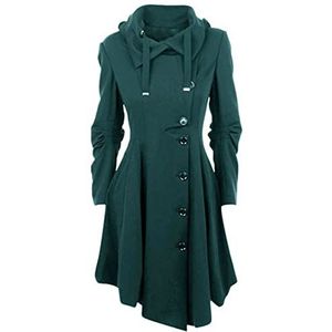 Shoplifemore Gothic Lange Trenchcoat Zwart Slanke Asymmetrische Revers Kraag Knop Elegante Herfst Winter Vintage Goth Overjas Uitloper, Groen, M