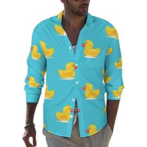 Geel Rubber Duck Heren Revers Lange Mouw Shirt Button Down Print Blouse Zomer Pocket Tees Tops 5XL