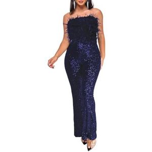 KWISUAWHGA Sexy Jumpsuit met Off-Shoulder Pailletten En Veren voor Dames, Mouwloos Glinsterend Wijd Uitlopende Broek Romper Feestkleding En Clubkleding,Dark blue,3XL