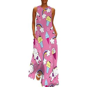 Eenhoorn Ice Cream Rainbow dames enkellengte jurk slim fit mouwloze maxi-jurken casual zonnejurk M