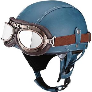 Motorhelm, Heren Dames Skull Cap Bromfiets Street Jet Scooter Open Helm met Pilotenbril, ECE-certificaat E,S=54-56CM(C,L=5961CM)