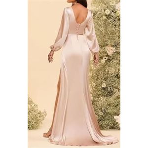 Prinses Bruidsmeisje Jurken Lange Mouw Galajurken V-hals Satijn Formele Avondfeest Maxi Jurk ZM198, Roest, 32