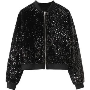CuLtP Dames Zwart Bomberjack Met Pailletten, Dames Glitterjack Lichtgewicht Festivaljack, Lange Mouwen Glanzend Club Dance Party Kostuum Biker Sprankelend Jasje,Xs