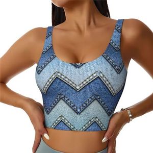 SABFWF Gradient Blue Denim Print Yoga Bras, High Impact Support, Longline Design, voor Fitness, Hardlopen en meer, Zwart, S