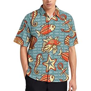 Marine met Kleurrijke Figuren Hawaiiaanse Shirt Voor Mannen Zomer Strand Casual Korte Mouw Button Down Shirts met Zak