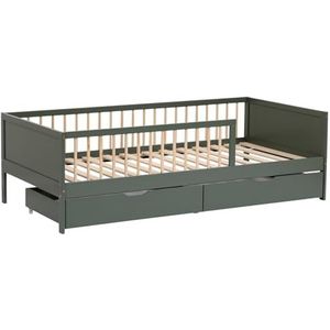190x90cm Adam groen houten bed met lattenbodem - Eenvoudig te monteren houten frame, veiligheidsrails en twee grote opbergladen