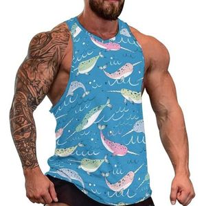 Narwal Animal Pattern Heren Tank Top Grafische Mouwloze Bodybuilding Tees Casual Strand T-Shirt Grappige Gym Spier