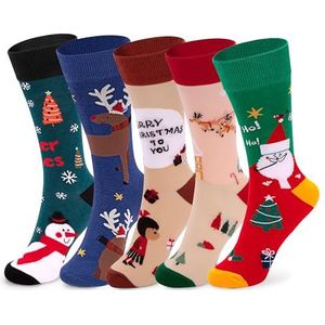 Yesaler Kerstsokken voor dames, zachte katoenen sokken, nieuwe kerstsokken, gezellige sokkenset met grappige kerstmotieven, 5 paar (eenheidsmaat), Meerkleurig., Eén maat