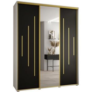 MEBLE KRYSPOL Davos 13 190 Kledingkast met drie schuifdeuren voor slaapkamer - Moderne Kledingkast met spiegel, kledingroede en planken - 235,2x190x45 cm - Wit Zwart Goud