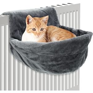 Radiatorbed voor katten, kattenverwarmingsligstoel, kattenhangmat voor verwarmingen, grijs, pluche stoffen, opvouwbaar, radiatorbed, katten voor katten, kleine huisdieren, 45,5 x 39 x 25,5 cm