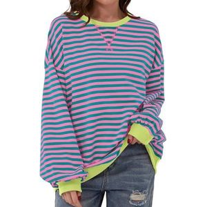 Roze Laur-sweater, Roze Laur Dames Gestreept Oversized Sweatshirt, Kleurblok Shirt Met Ronde Hals En Lange Mouwen. Casual Losse Pullover Top (XL,Roze)
