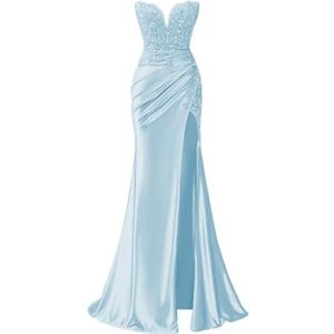 KIYNE Zeemeermin satijnen baljurk voor dames, met kant, appliqué, zijsplit, korset, baljurk voor dames, lange formele jurk, Hemelsblauw, 32