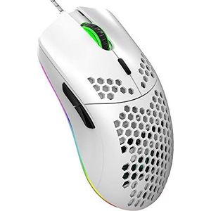 Bedrade gamingmuis, J900 6 RGB-verlichting 6400 DPI programmeerbare USB-gamingmuizen met 6 knoppen, Honingraat Shell Ergonomisch ontwerp voor pc-gamers en Xbox en PS4-gebruikers- Wit