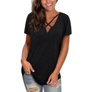 Tdvcpmkk Dames T-shirt met korte mouwen en V-hals voor dames, comfortabel, ademend, casual, los T-shirt, Zwart, 3XL