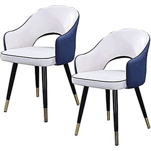 GEIRONV Moderne lederen eetkamerstoel set van 2, met metalen poten keukenstoelen fauteuil met hoge rugleuning slaapkamer leesstoel woonkamerstoel Eetstoelen (Color : White blue, Size : 48x42x81cm)