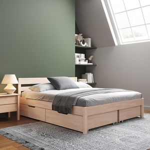 160x200 cm houten bed met hoofdeinde - Kaja Scandi-stijl bedframe met lattenbodem incl. een opberglade - Natuurlijke kleur - Draagvermogen 350 kg