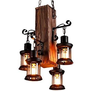 JOJOM retro hanglamp industriële loft bar hanglamp 4 lampen, creatieve persoonlijkheid woonkamer eetkamer slaapkamer studeerkamer kroonluchter vintage antiek metaal glas hout decoratieve hanglamp