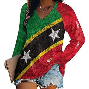 Vlag van Saint Kitts en Nevis dames lange mouwen V-hals T-shirts herfst tops pullover tuniek T-shirt voor leggings