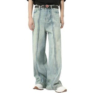 Heren Baggy Wijde Pijpen Denim Broek Casual Loose Fit Streetwear Distressed Splicing Y2k Jeans Broek,Blauw,L