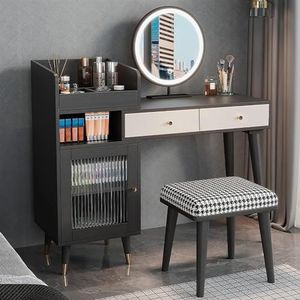 EdNey Vanity Desk Set, voor slaapkamer, make-up ijdelheid, met 3-kleuren verstelbaar aanraaklicht, kaptafel met grote laden en planken (kleur: ronde spiegel, maat: 100 cm)