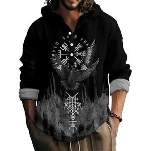 JHBTFQ Viking Heren Hoodie 3D-print Bamboe-linnen Stof Met Capuchon Kraag Knopen Shirt Lange Mouwen Noords Cadeau,Hugin munin,L