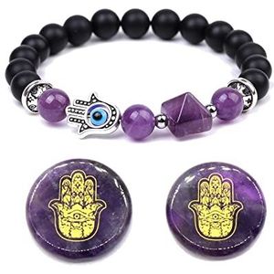Unifizz Healing Crystal Set 1Pcs Hand van Fatima Evil Eye Stretch Kralen Amethist Armband en 2 Stks Gouden Hand van Fatima Amethist Stone
