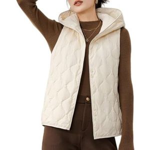 LoprNsdgt Dames Herfst/Winter Effen Kleur Drukknoopjes Hooded Warme Lichtgewicht Mouwloze Donsjas,Beige,L