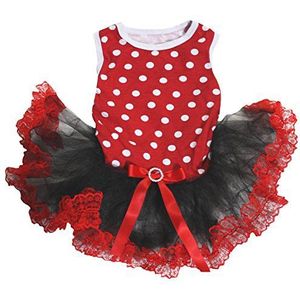 Petitebelle Puppy kleding hond jurk effen rood wit stippen top zwart kant Tutu, Small, Rood