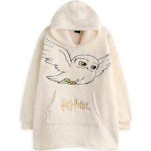 Harry Potter Womens draagbare deken hoodie | Beige trui met capuchon en Hedwig Uil-borduursel voor volwassenen | One-size loungewear met sherpavoering en zakken