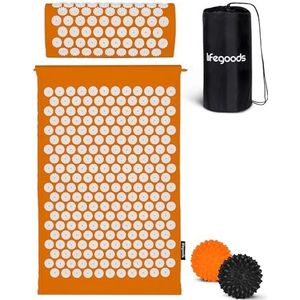 LifeGoods Acupressuur Mat met Kussen, 2x Triggerpoint Massage Ballen en Draagtas | Spijkermat voor Ontspanning en Pijnverlichting | Acupunctuur Massage Set | Lotus Shakti Mat | Oranje & Wit