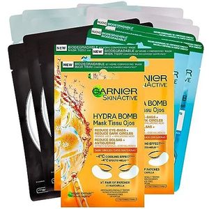 3 x Garnier SkinActive vochtmasker granaatappel + 3 x rustgevende Hydra Bomb kamille + 3 x Hydra Bomb mat groene thee + 3 x Purifying Purifying + 3 x anti-vermoeidheid voor de ogen