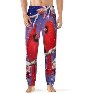 Rode kardinaal vogel zit op besneeuwde takken heren pyjama broek print lounge nachtkleding bodems slaapbroek 2XL