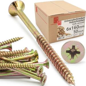 LUN FIX Universele schroef 6,0 x 160 mm - 50 stuks | kruiskop PZ3 | platte kop | houtschroeven | geel verzinkt | multifunctionele schroeven | kruiskopschroeven