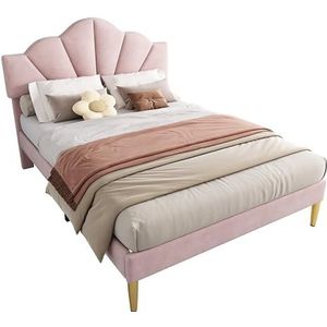 BXEYXE Fluweel, gestoffeerd bed, 140 x 200 cm, tweepersoonsbed, schelpachtig bed met gouden ijzeren poten, in hoogte verstelbaar hoofdeinde, houten lattenbodem, roze