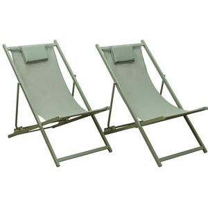 Set van 2 CYPRUS stoelen in textilene en saliegroen aluminium frame - Voorzien van hoofdsteunkussens voor comfort en ontspanning - Ideaal voor tuin, terras en patio.