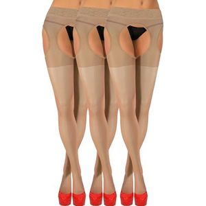 sesto senso Panty open kruis 15 den bretels jarretelkousen dames sexy, 3 paar - lichtbeige - vlees, XL